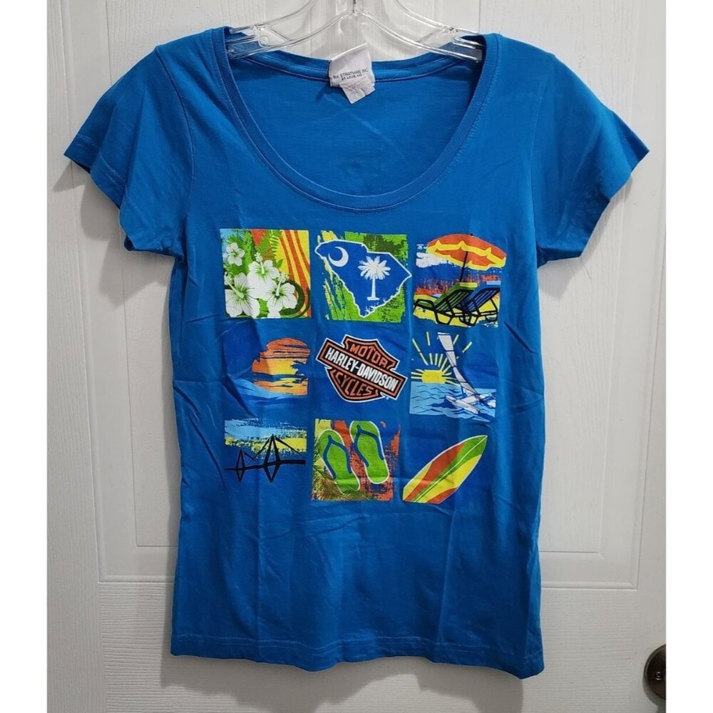 Harley Davidson Short Sleeve Baby Tee Low Country Charleston SC Beach Print Sz S